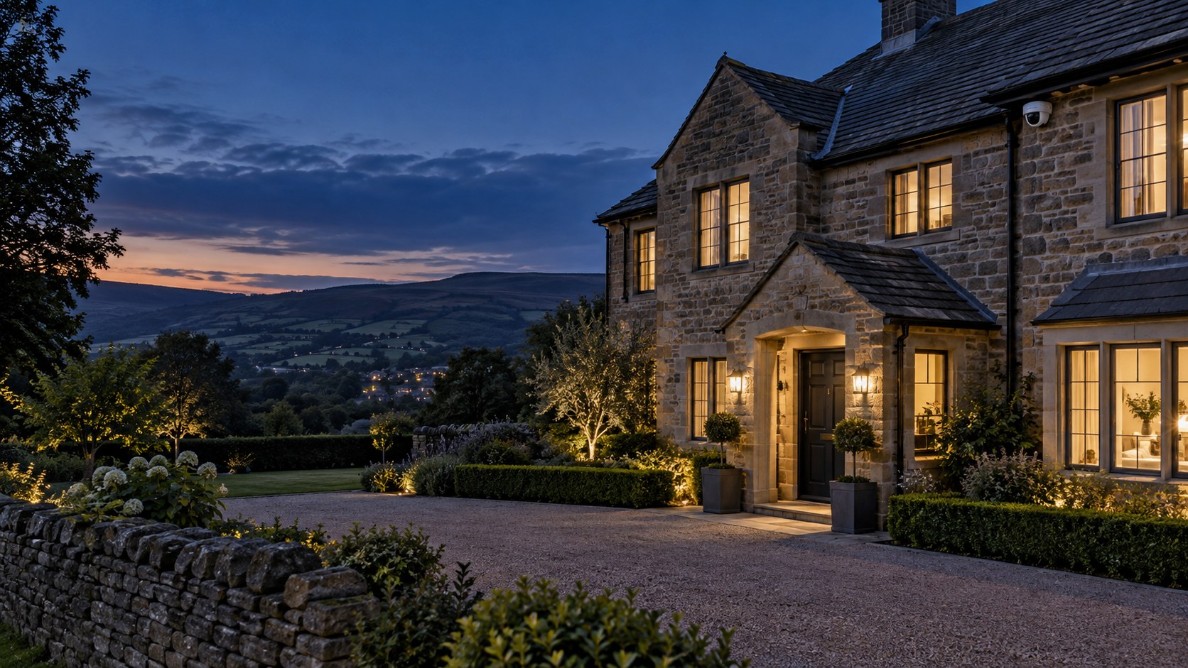 Illustration of a Yorkshire stone home with discreet security cameras at dusk